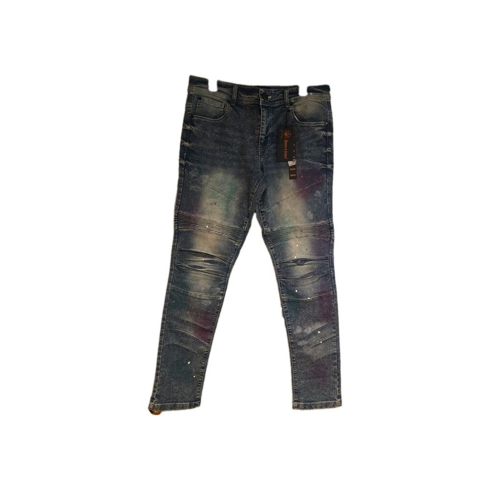 Ministry of Fashion Men's Skinny Moto Biker Jeans Paint Splatter Blue 32x32 NWT